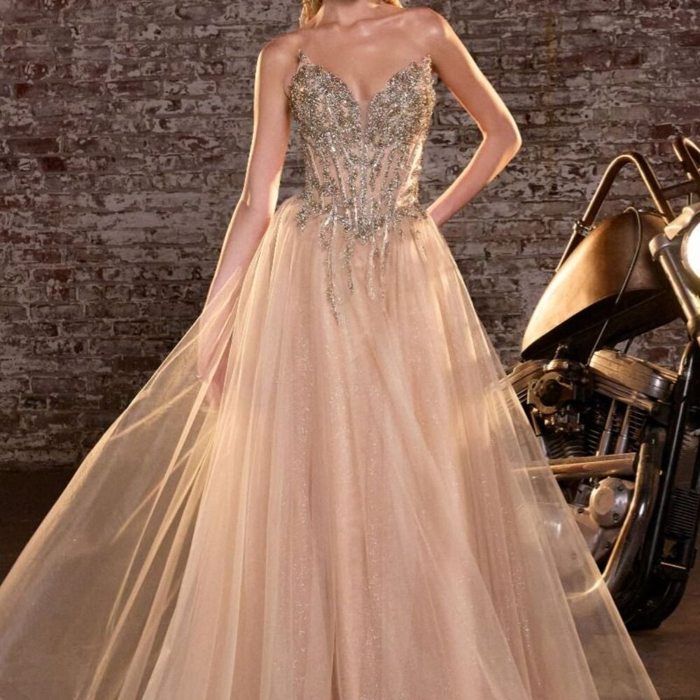 Gold strapless a line formal dress.Mother of the bride black tie pageant gala